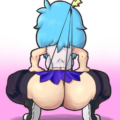 friday night funkin, sky (friday night funkin), skyblue, lotikmac, 1girls, ass, backboob, big ass, big breasts, big butt, black legwear, black panties, black thighhighs, blue hair, blue skirt