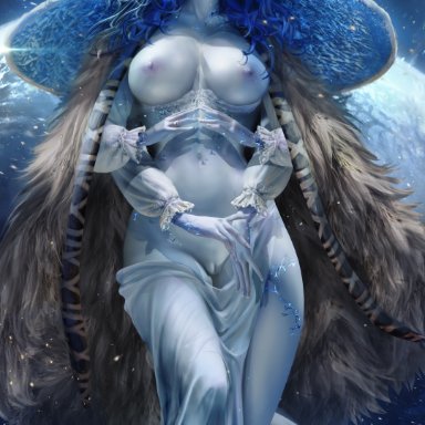elden ring, ranni the witch, sakimichan, 1girls, blue eyes, blue skin, breasts, exposed breasts, exposed pussy, female, female only, four arms, legs, midriff, naked