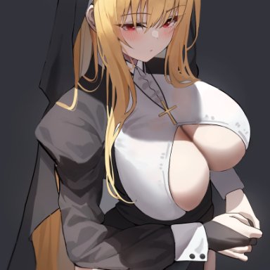 original, original character, k pring, blonde hair, blush, cleavage, curvy, female, huge breasts, indoor, long hair, looking at viewer, nun, nun's habit, skimpy clothes