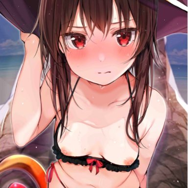 megumin, rouka (akatyann), blush, breasts, brown hair, female, hat, looking at viewer, nipples, small breasts, solo, staff, standing, swimsuit, wet