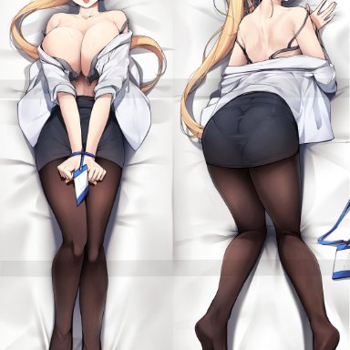 original, original character, ddangbi, ass, bed, big ass, big boobs, big breasts, big butt, black bra, black skirt, blonde hair, blue eyes, blush, body pillow