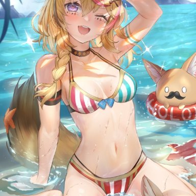 hololive, omaru polka, atai (artist), 1girls, animal ears, animal tail, bare arms, bare legs, bare midriff, bare shoulders, bare thighs, barefoot, bikini, bikini bottom, bikini top