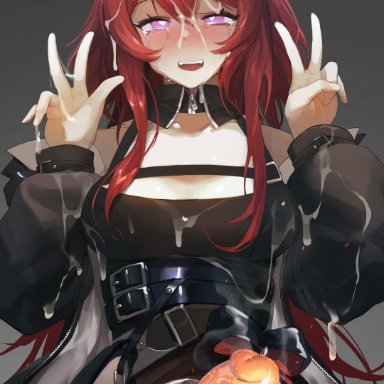 arknights, surtr (arknights), mo ne, 1futa, after orgasm, balls, bangs, black dress, blush, breasts, clothed, clothing, crotchless, crotchless panties, cum
