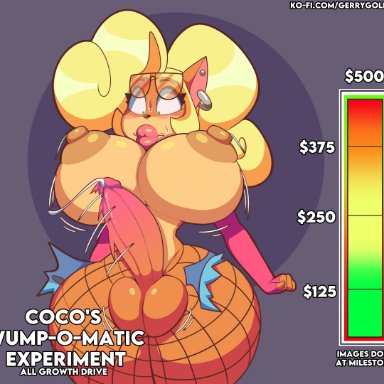 activision, crash (series), coco bandicoot, dongitos, 1futa, anthro, balls, balls expansion, big balls, big breasts, big penis, blonde hair, breast expansion, breasts, erection