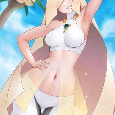 game freak, pokemon, pokemon sm, alolan exeggutor, lusamine (pokemon), jdpr, 1girls, armpits, big breasts, blonde hair, bottomwear, breasts, clothing, female, green eyes