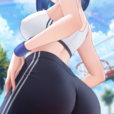 genshin impact, yelan (genshin impact), fukuro ko (greentea), 1girls, arched back, ass, ass focus, bangs, bare shoulders, big ass, big breasts, big butt, blue hair, blush, braid