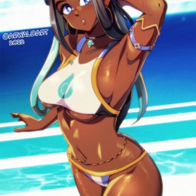 game freak, nintendo, pokemon, nessa (pokemon), arwald, 1girls, beach, bikini, blue eyes, blue hair, breasts, dark skin, gem, jewelry, long hair