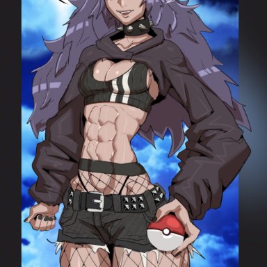 pokemon, hex maniac, streachybear, 1girls, abs, athletic, athletic female, breasts, cleavage, female, female only, hourglass figure, human, muscular female, pokeball