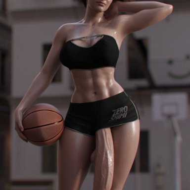 resident evil, jill valentine, zeroshimi, 1futa, abs, balls, basketball (ball), big penis, boob window, boobs, clothed, clothing, cock out, flaccid, flaccid cock