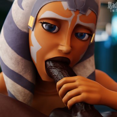 star wars, ahsoka tano, togruta, gladionanimated, 1boy, 1girls, abs, alien, alien girl, black body, black penis, black skin, blowjob, blowjob face, blue eyes