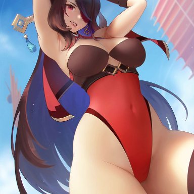 genshin impact, beidou (genshin impact), jdpr, 1girls, big breasts, breasts, brown hair, eye patch, female, female only, hands behind head, hips, legs, leotard, long hair