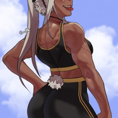 my hero academia, miruko, rumi usagiyama, gud0c, 1girls, ass, back muscles, back view, bunny tail, cloud, dark-skinned female, dark skin, exercise clothing, female, female only