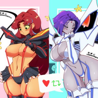 dc, kill la kill, teen titans, raven, starfire, lunaexhabbitix, 2girls, breasts, cosplay, female, female only, green eyes, large ass, large breasts, long hair