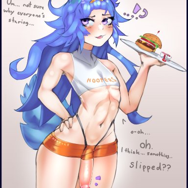 dragalia lost, hooters, orsem, nelewdy, blue hair, crossdressing, femboy, hooters uniform, trap, tagme