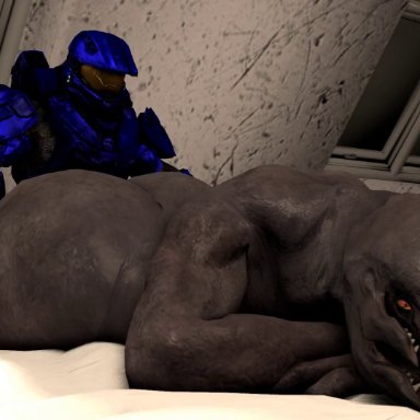 halo (series), female sangheili, sangheili, spartan (halo), zenith741, 1boy, 1girls, alien, alien girl, arm support, armor, ass, back, backboob, bed