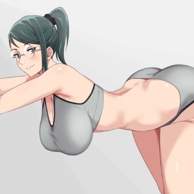 jujutsu kaisen, zenin maki, 163 (shiromeshi), 1girls, against wall, arched back, arms up, ass, bangs, bare arms, bare shoulders, bent over, black scrunchie, breasts, brown eyes