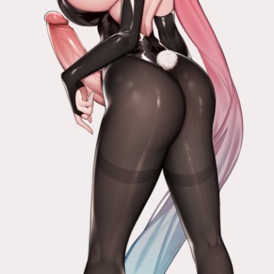 original character, unbeller, 1futa, animal ears, back, back view, bare shoulders, big ass, breasts, bunnysuit, clothed, clothing, erection, full body, futa only