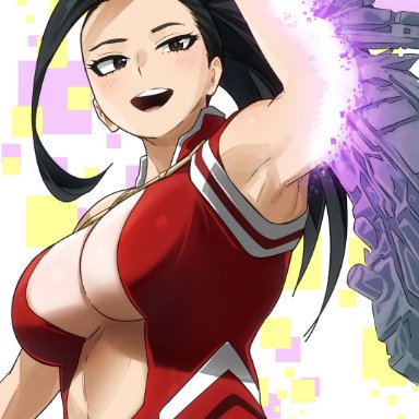 my hero academia, momo yaoyorozu, gaston18, armpits, big breasts, black eyes, black hair, blush, breasts, eyebrows, eyelashes, female, girl, hero outfit(mha), huge breasts