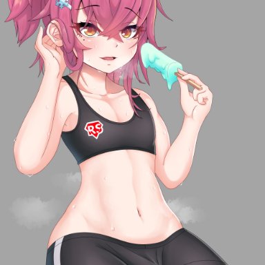 dot zack, bulge, femboy, fit, gym uniform, ice cream, pink hair, sweat, yellow eyes