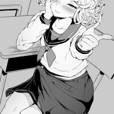 one-punch man, tatsumaki, makin tama, 1futa, alternate costume, bulge, classroom, clothed, clothing, curly hair, desk, erection, erection under clothes, fully clothed, futa only