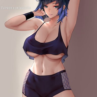 genshin impact, yelan (genshin impact), azto dio, 1girls, armpits, arms, black hair, breasts, female, female only, green eyes, hips, huge breasts, looking at viewer, naughty face