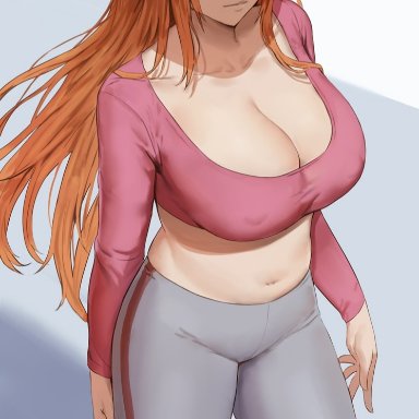 bleach, inoue orihime, shexyo, 1girls, arms by side, belly button, blush, breasts, cleavage cutout, clothed, erect nipples, erect nipples under clothes, female, female focus, female only