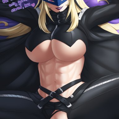 digimon, beelstarmon, digimon (species), herunite, 1boy, 1girls, abs, assertive, assertive female, belt, black clothing, blonde hair, breasts, clothed, clothed female nude male