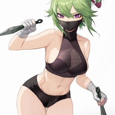 genshin impact, kuki shinobu, 1girls, bandage, bare shoulders, crop top, face mask, female, female only, fishnet legwear, fishnets, green eyes, looking at viewer, mask, midriff