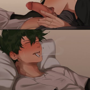 my hero academia, izuku midoriya, katsuki bakugou, currynim, 2boys, blonde hair, cigarette, fellatio, gay, genitals, licking penis, male, male only, oral, oral sex