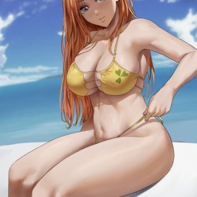 bleach, inoue orihime, shexyo, 1girls, bikini, blue sky, breasts, female, female focus, female only, grey eyes, hips, huge breasts, light blush, long hair