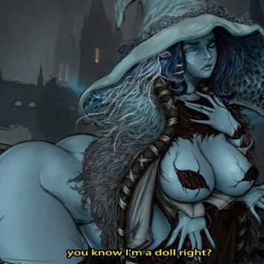 elden ring, fromsoftware, ranni the witch, nevandraws, 1girls, big ass, big breasts, blue skin, female, female only, 2022, 2d, text