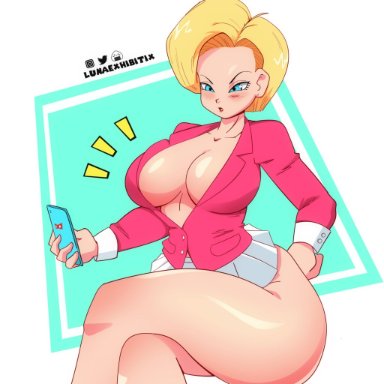 dragon ball, dragon ball z, android 18, lunaexhabbitix, 1girls, blonde hair, blue eyes, breasts, cleavage, crossed legs, female, female only, large breasts, mature female, milf