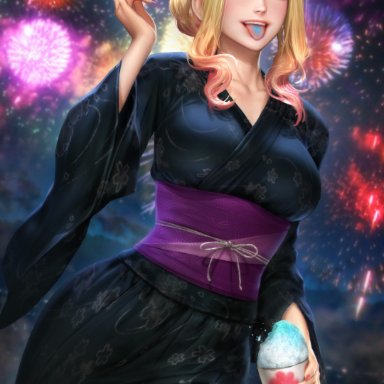 sono bisque doll wa koi wo suru, kitagawa marin, neoartcore, nudtawut thongmai, 1girls, blonde hair, clothed, clothing, completely clothed, cup, cute face, female, female focus, female only, fireworks