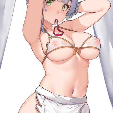 genshin impact, noelle (genshin impact), vierzeck, 1girls, adjusting hair, armpits, big breasts, bikini, bikini top, blush, braid, breasts, female, green eyes, grey hair