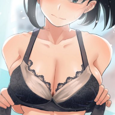 my hero academia, momo yaoyorozu, zx623723, background, big breasts, black hair, blurry background, blush, light-skinned female, lingerie, looking at viewer, removing clothing, steam