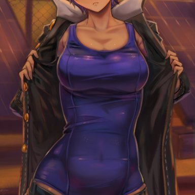 atlus, persona, persona 4, shirogane naoto, toasty scones, 1girls, belt, blue hair, blush, breasts, embarrassed, female, jacket, looking to the side, one-piece swimsuit