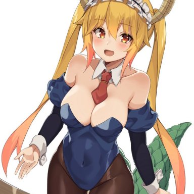 miss kobayashi's dragon maid, tohru (dragon maid), kaosu kun, black legwear, blush, blushing at viewer, breasts, bunnysuit, collar, cuffs, detached collar, dragon girl, green tail, horns, looking at viewer