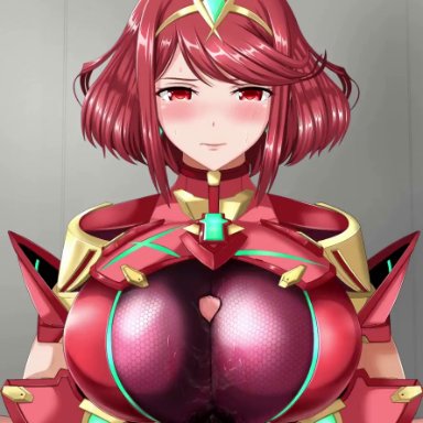 xenoblade (series), xenoblade chronicles 2, pyra, juno (artist), 1boy, 1girls, alternate breast size, big breasts, blush, breast grab, breast hold, breasts, closed eyes, cum, cum between breasts