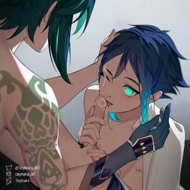 genshin impact, venti (genshin impact), xiao (genshin impact), deymara, 2boys, blowjob, blue hair, blush, braid, cum on eye, cum on face, eyelashes, femboy, girly, gloves