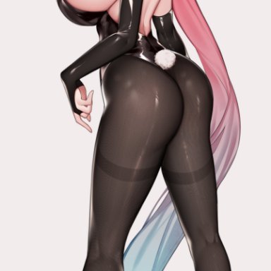 original character, unbeller, 1girls, animal ears, back, back view, bare shoulders, big ass, breasts, bunnysuit, clothed, clothing, female, female only, full body