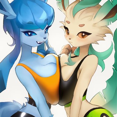 nintendo, pokemon, eeveelution, glaceon, leafeon, pok&#233;mon (species), 2girls, anthro, big breasts, female, tagme