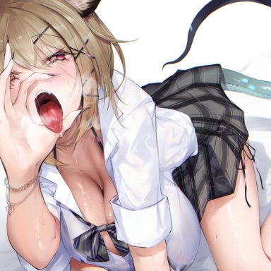 arknights, utage (arknights), eichi, animal ears, breath, cleavage, fellatio gesture, large breasts, open mouth, skirt, tail