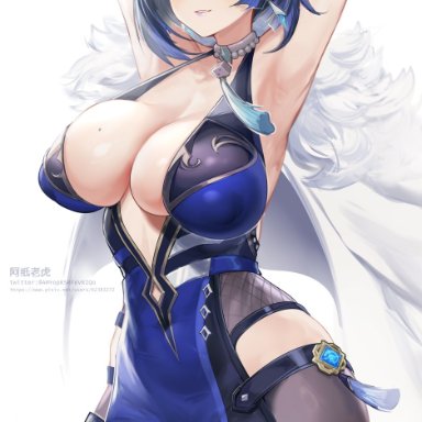 genshin impact, yelan (genshin impact), 1girls, abs, armpits, arms up, bangs, big breasts, blue hair, blush, bodysuit, braid, breasts, cleavage, dice