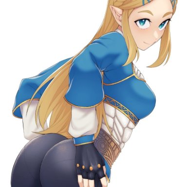 breath of the wild, nintendo, the legend of zelda, princess zelda, zelda (breath of the wild), kobaji, 1girls, ass, big ass, blonde hair, blue eyes, breasts, bubble butt, dat ass, female