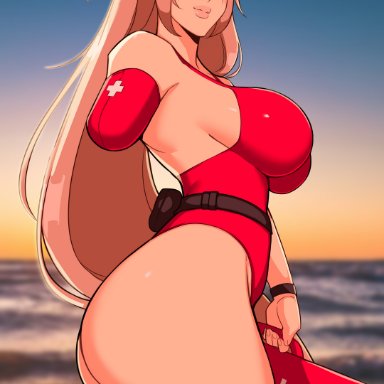 guilty gear, baiken, alecto 0, 1girls, amputee, ass, breasts, curvaceous, curvy, female, female only, large breasts, lifeguard, one eye closed, red eyes