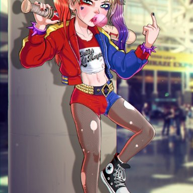 harley quinn (cosplay), shadman, 1boy, against wall, bat, belly button, black nails, blonde hair, blue eyes, bubble gum, bulge, cosplay, crop top, femboy, girly