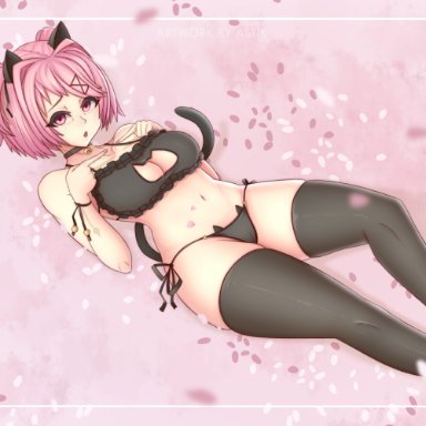 doki doki literature club, astlk, 1girls, animal ears, bangs, bell, bell collar, blush, bra, breasts, cat cutout, cat ear panties, cat ears, cat girl, cat keyhole bra