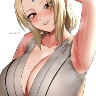 naruto, naruto shippuden, tsunade, kirinkirin, 1girls, armpit fetish, armpits, arms up, blonde hair, blush, breasts, brown eyes, cleavage, clothed, clothed female