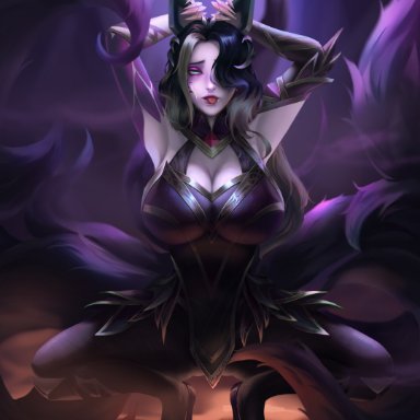 eclipse series, league of legends, riot games, ahri, coven ahri, artist request, 9 tails, alternate costume, alternate eye color, alternate hair color, alternate hairstyle, animal ear fluff, animal ears, animal girl, animal humanoid