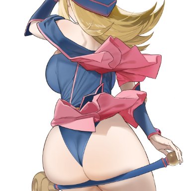 yu-gi-oh!, yu-gi-oh! duel monsters, dark magician girl, artist request, ass, blonde hair, boots, panties, staff, voluptuous, white background